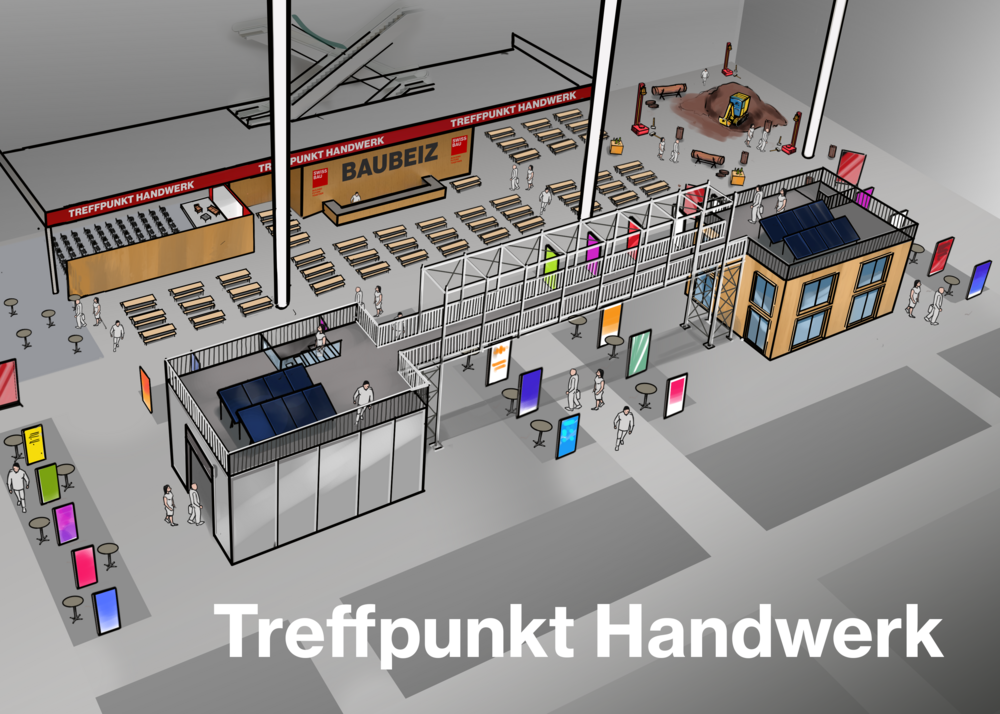 Treffpunkt Handwerk mit Live-Holzbau und Live-Stahlbau. Verbindung über Passerelle, erstellt von den Gerüstbauern.
